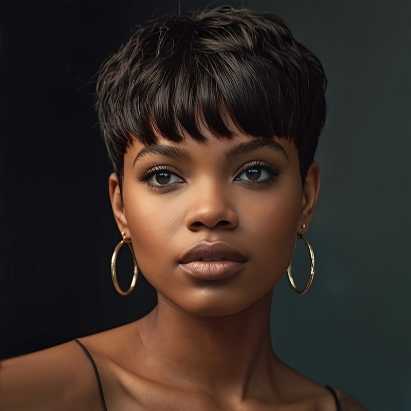 TEMU Women's Short Cut Synthetic Wig With Bangs - Brown Wavy Hair (body ), 120% Density Short Bob Hairstyle, For Fit, Low-maintenance Brown For Sensitive Scalp & Daily Wear