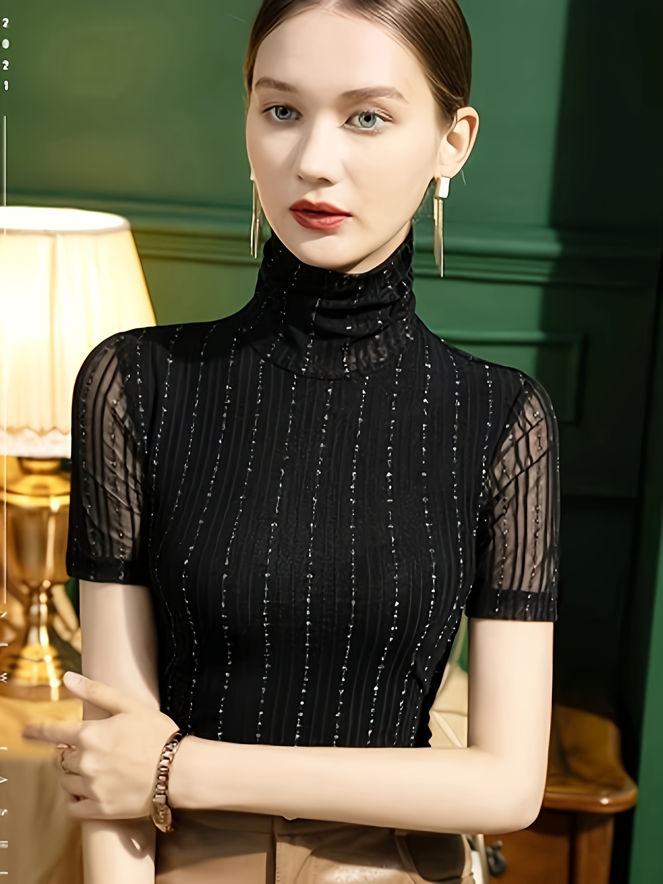 women's high neck short sleeve t shirt black mesh top Temu Australia