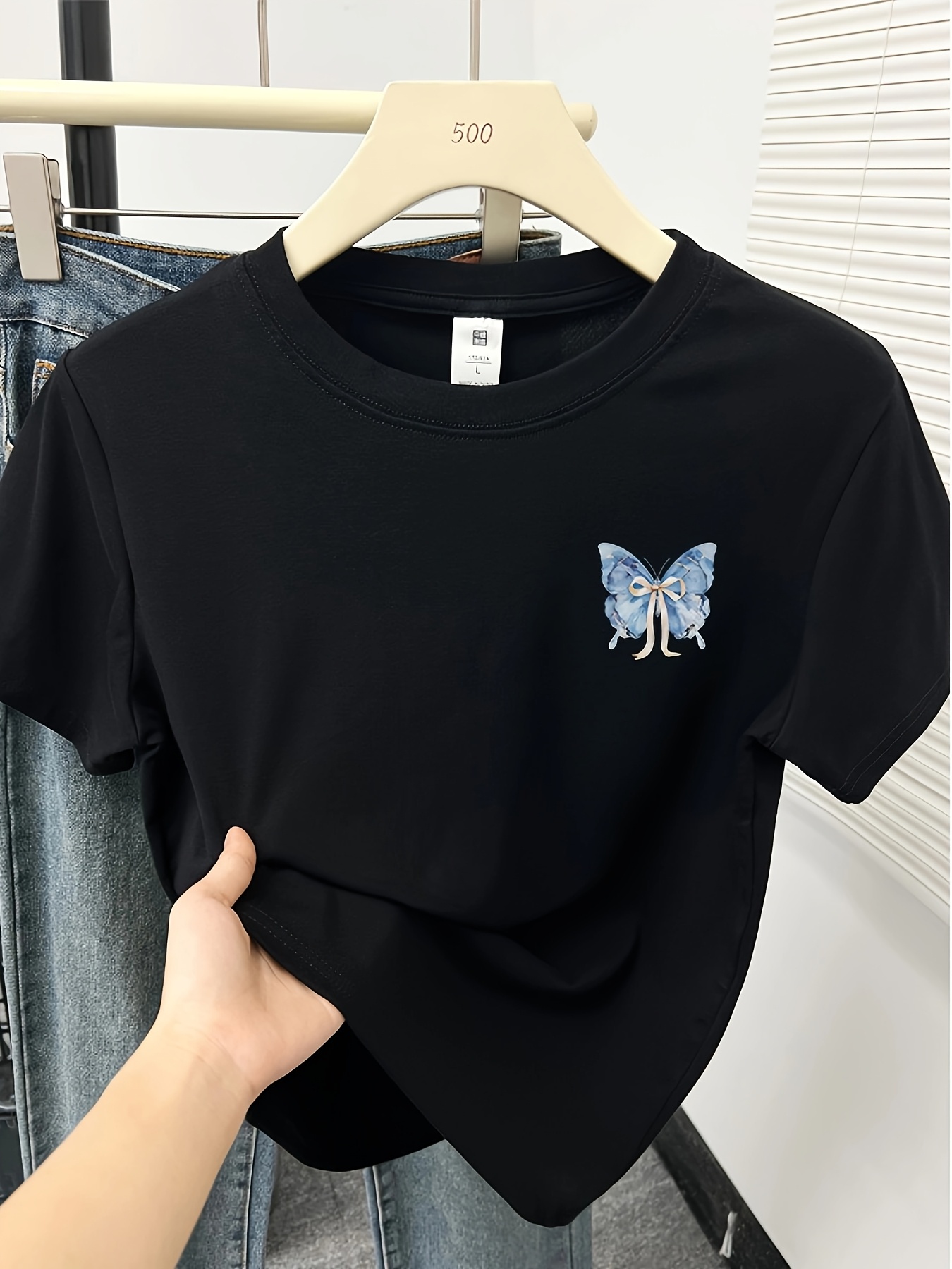 womens   fit   print t shirt hangin   with blue brown butterflies casual short sleeve top for spring summer   shirt Product details 7