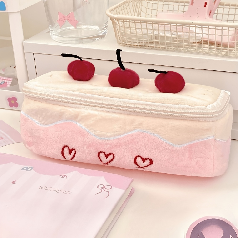 TEMU Cute Cherry Cake Plush Pencil Case, Large Capacity Stationery Pouch, Multifunctional Item Storage Bag, Suitable For Storing Pencils, Rulers,