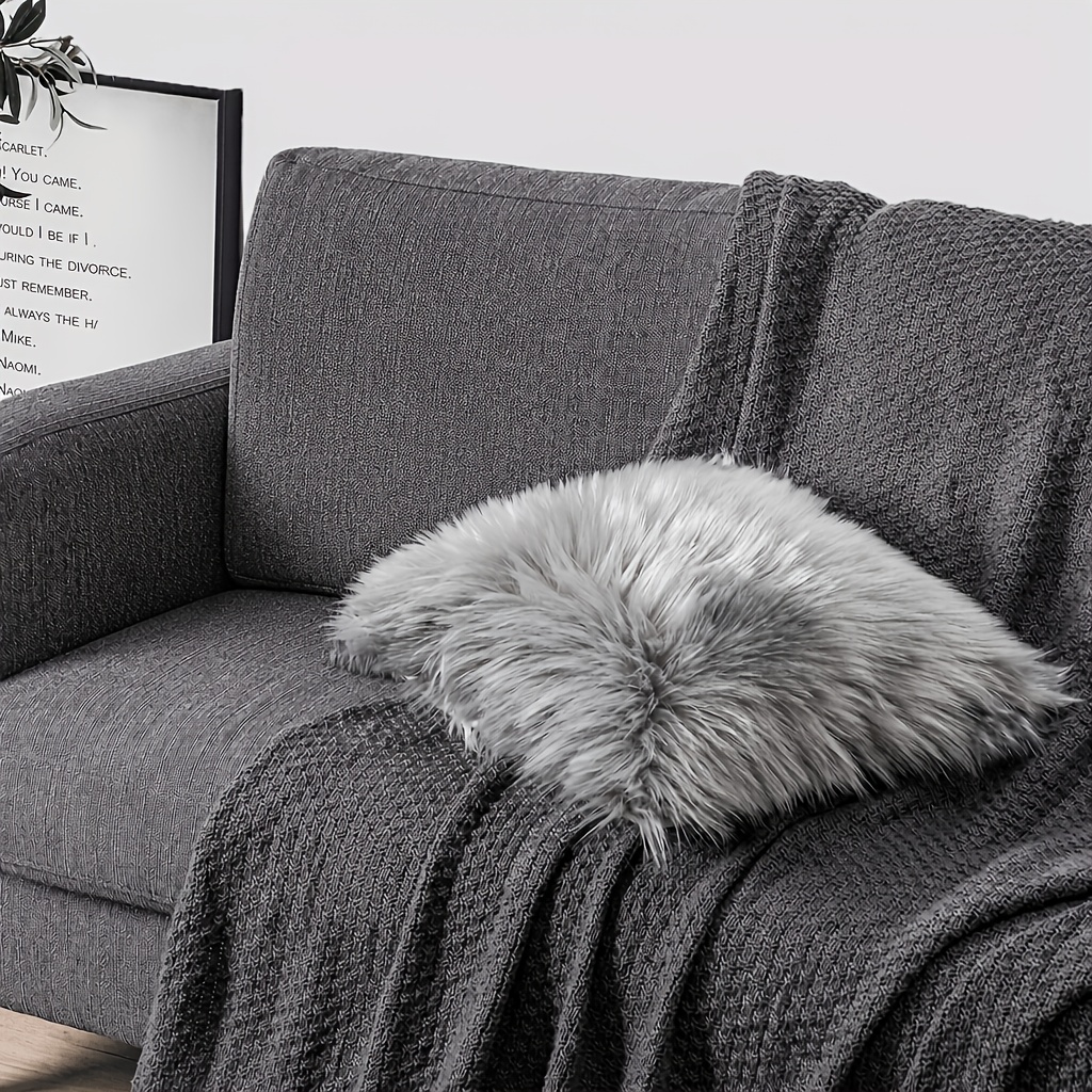 Image of Wool Gray Throw Pillow Cover 17.7x17.7" - Soft Plush Cushion Case For Sofa, Chair & Bedroom Decor, Reversible With Zip Closure, Machine Washable