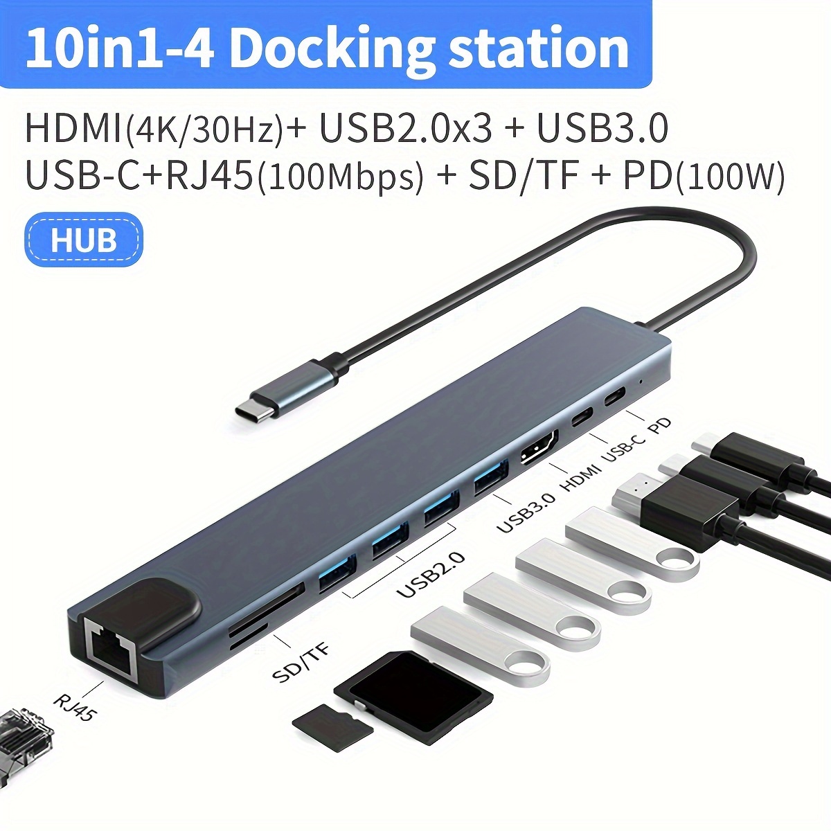 

Adapter, 10-in-1 Usb C Dongle, Usb-c For Macbook Pro With Hdtv 4k , Ethernet, 100w , 2 Usb 2.0 , Sd/tf Card Reader, For /dell/lenovo Laptops