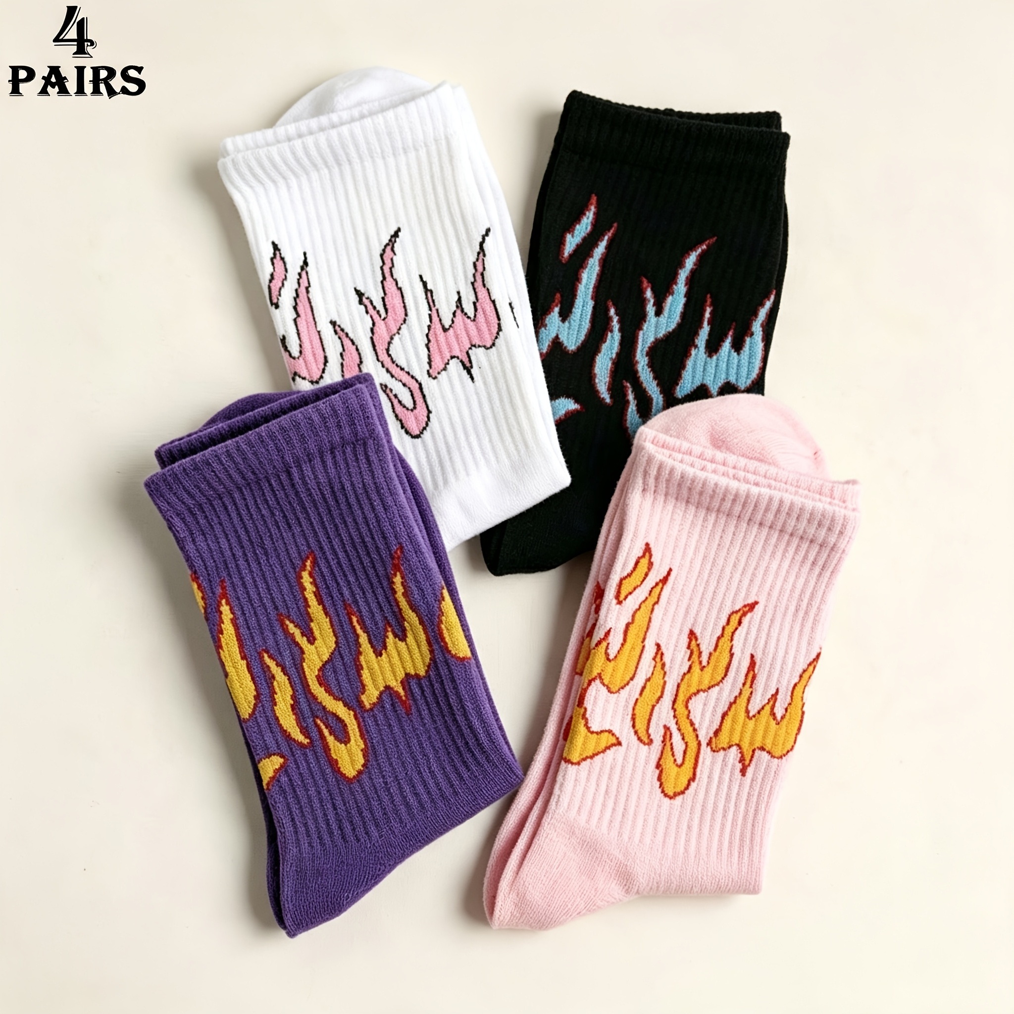 TEMU 4 paires de chaussettes unisexes à motif de flammes et de blocs de couleur, style rétro américain à texture , tendance Ins, uniques, de rue,
