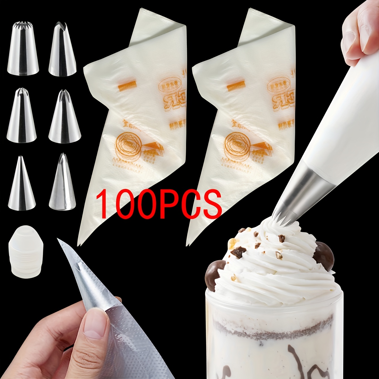 

100pcs Plastic Pastry Bags With Tips, Disposable Icing Bags For Baking, Cupcake Decorating, Cake Decoration, Dessert Filling, Easy To