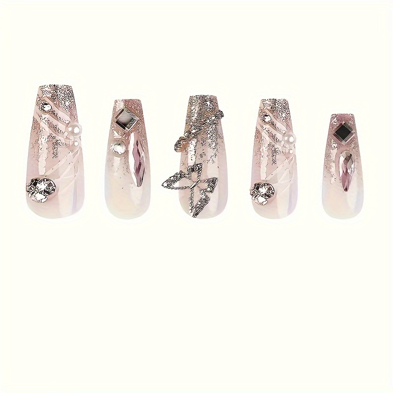 24pcs long ballet coffin press on nails set gradient silvery glitter with 3d butterfly design luxury   nails for women full coverage artificial nail tips 1