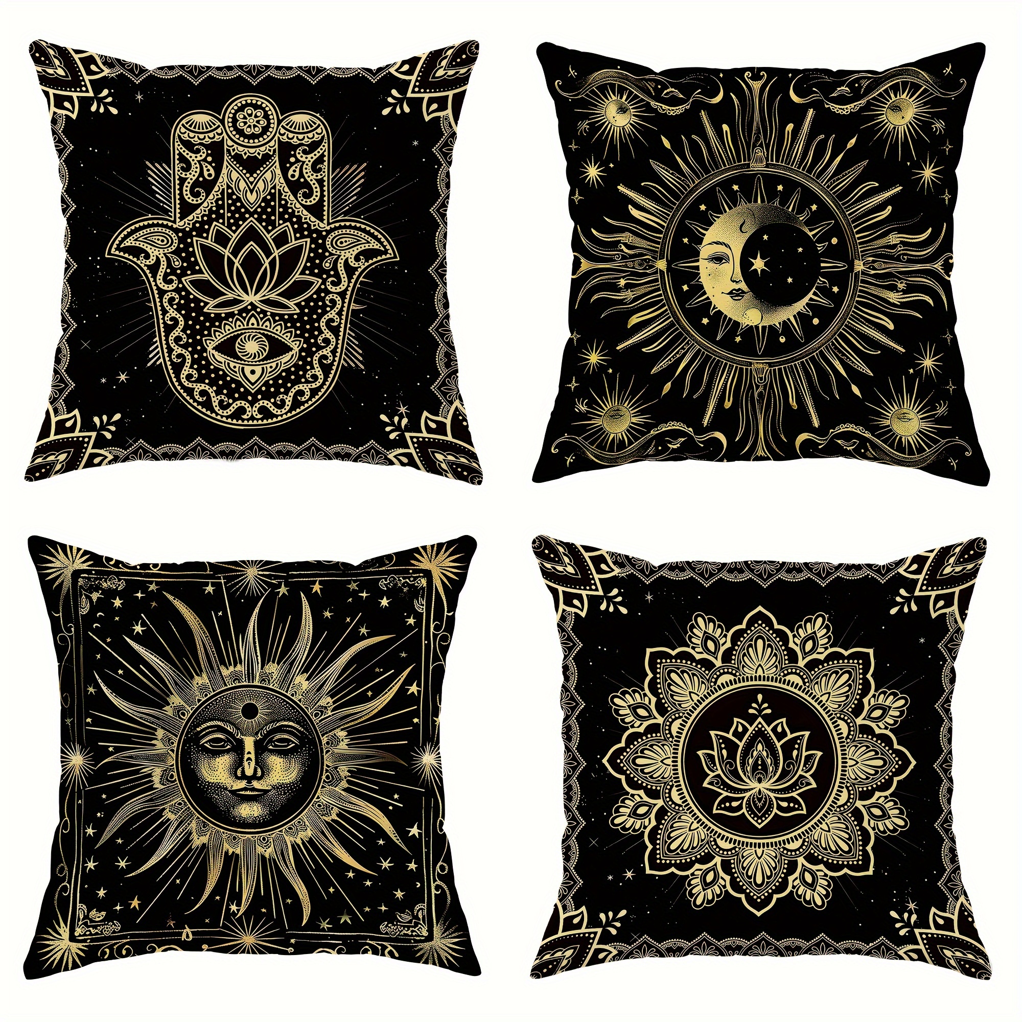 

Set Of 4 Velvet Pillow Covers 18x18 Inches With Zipper Closure - Contemporary Boho Sun And Hamsa Hand Decorative Cushion Cases For Sofa And Bedroom, Machine Washable Polyester Decor