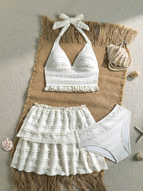 new european and fashionable cute white bikini swimsuit set for girls three pieces