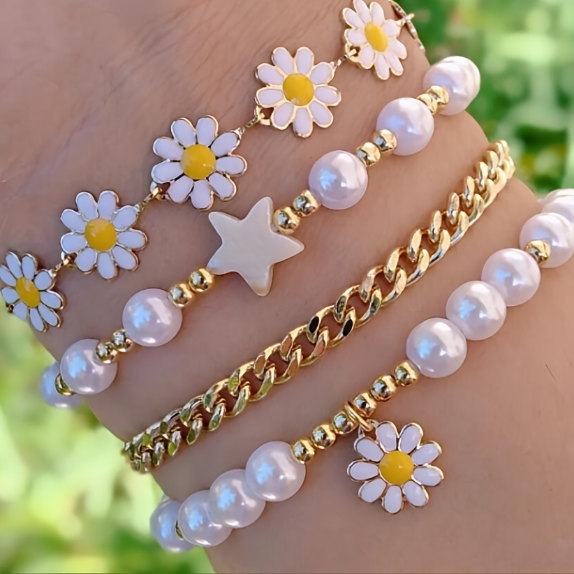 

4pcs/set Star Flower Daisy Imitation Pearl Bead Bracelet For Women Dating Gift