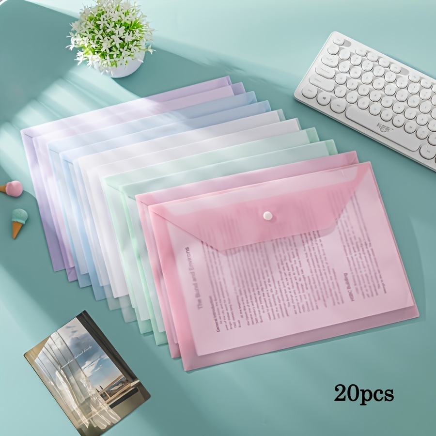 Image of 20pcs A4 File Bag, Morandi Random Color Plastic Snap Button Thickened Large Capacity File Information Bag, Briefcase Bag, Test Paper Storage Bag, Transparent File Storage Bag