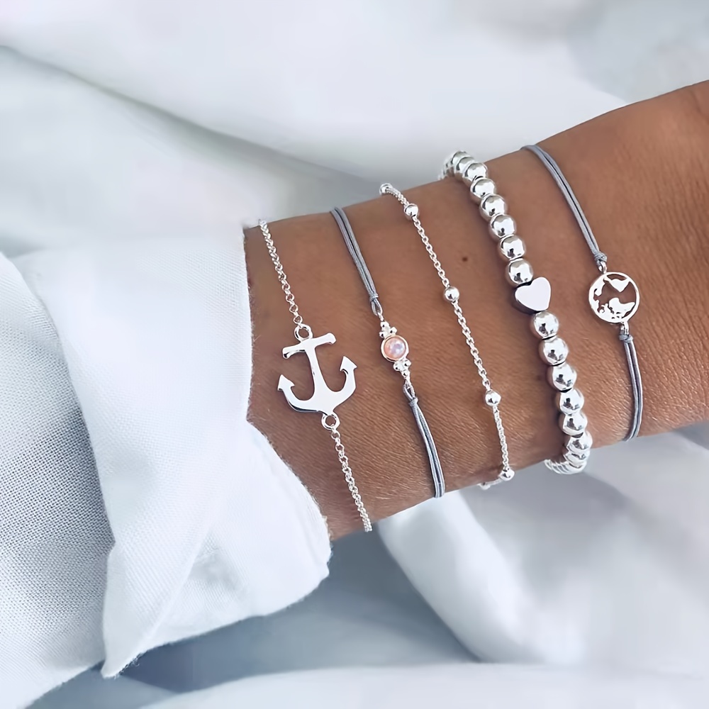 

5pcs/set Women's Heart Boat Anchor Map Pendant Bracelets Vintage Summer Holiday Party Ornament