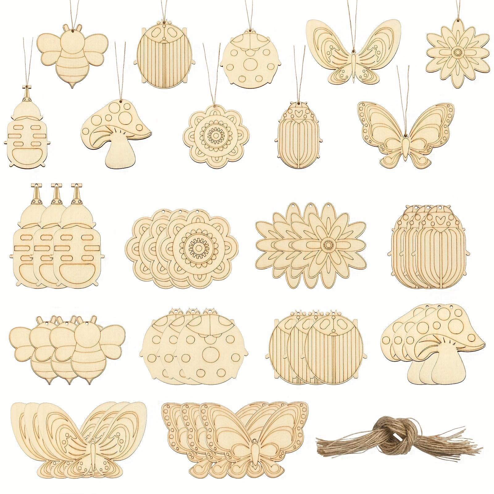 

60pcs Unfinished Spring Wooden Blank Pendants, 10 Styles Butterfly Bee Wooden Flower Unfinished Wood Blank Wooden Paint Crafts For Diy Painting Home Decoration With Hemp Rope