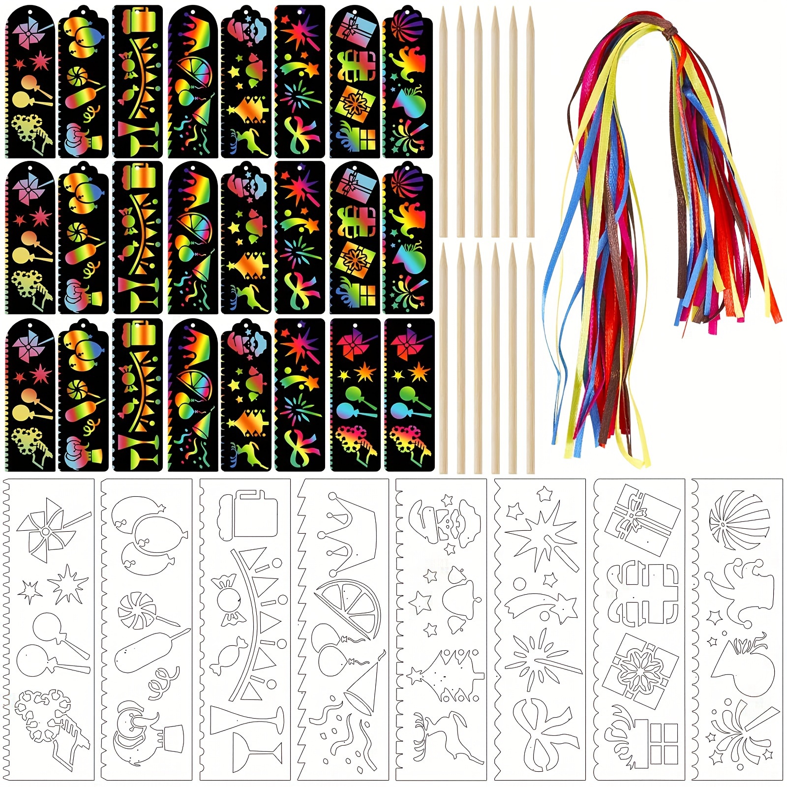 

24 Pcs Scratch Art Bookmark Set - Rainbow Scratch Paper Kit With Wooden Stylus, Colorful Ribbons & Drawing Templates For Diy Crafts, Classroom Activities, Party Favors & Gifts