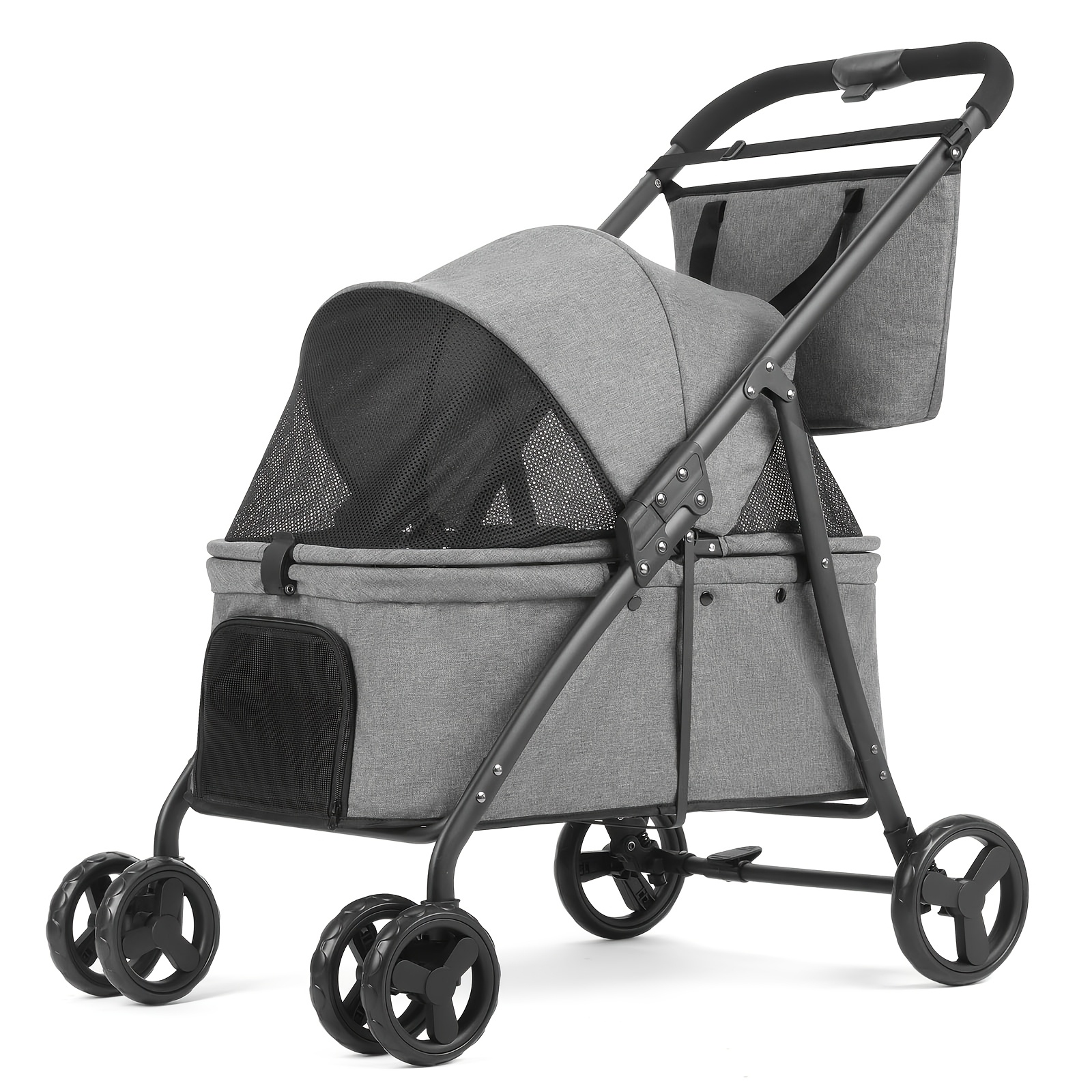 Set Up Dual Brakes For Safety In A Pet Travel Stroller Featuring 4 Wheels. This Foldable Stroller With An Adjustable Handle And Is Designed To