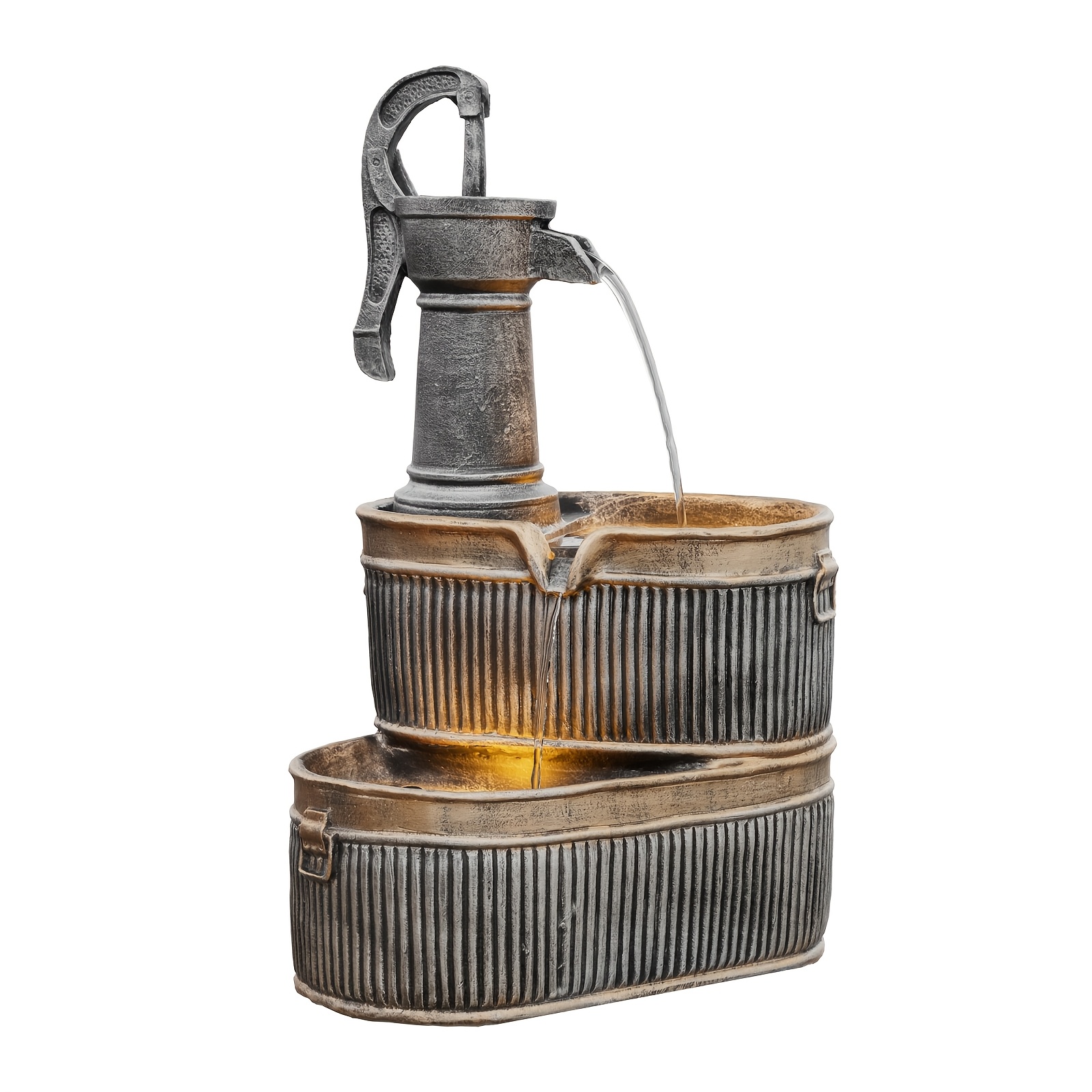 TEMU 20.5"h Outdoor 2-tier Cascading Pump Water Fountain With Led Lights, Rustic Relaxing Waterfall Fountain With Pump, Indoor/outdoor Garden Water