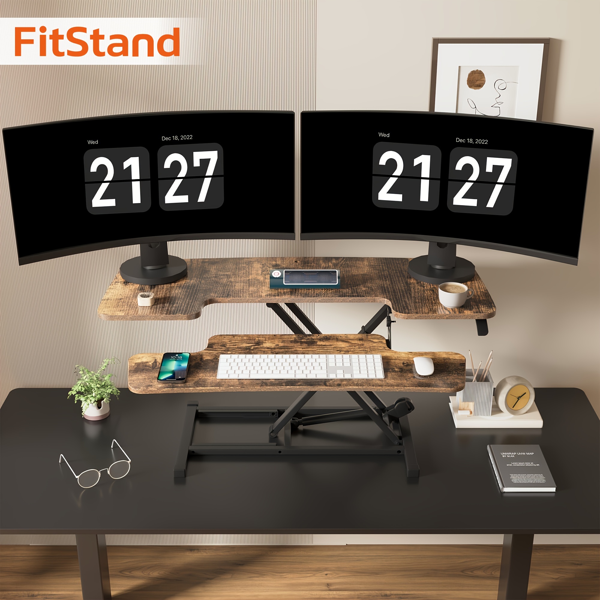 

Fitstand 1pc 40/42 Inch Standing Desk Converter - Ergonomic Height Adjustable Riser For Dual Monitors & Laptops - Spacious Metal Workstation With Wide Keyboard Tray, Rustic