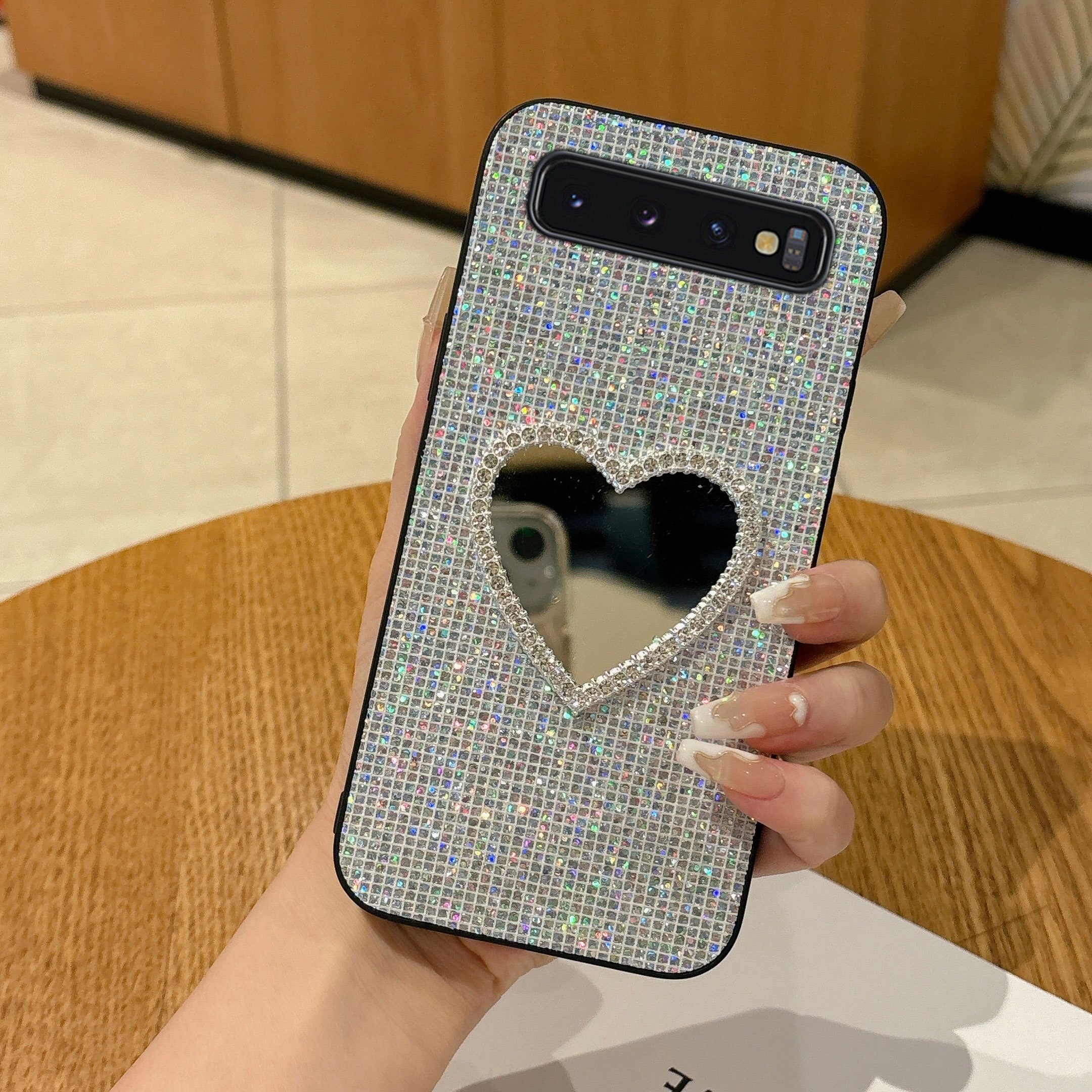 TEMU Phone Case - Cute Makeup Love Heart Mirror With Sequin Tpu Soft Phone Case For Galaxy S10 4g Or 5g And S10 Plus