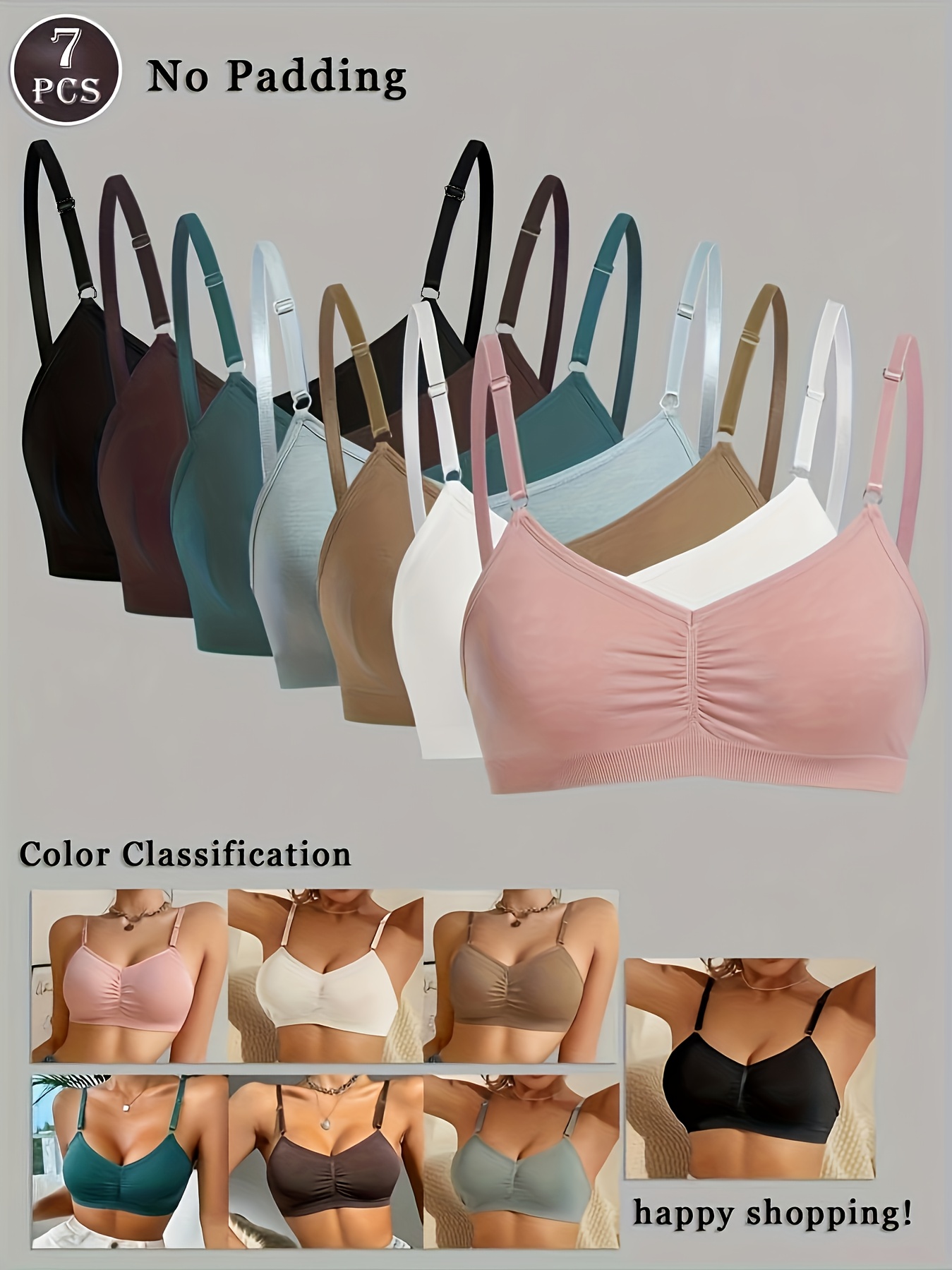 7 piezas de bralette sin aros - ropa interior   y sin costuras con tirantes ajustables, sin relleno/almohadillas, sostén básico de color   (sin volumen para capas),   a   para uso casual  