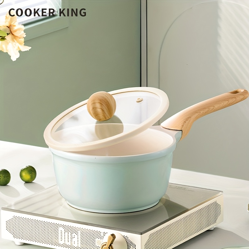 TEMU Cooker King 1pc 1.7l Saucepan With Lid, Titanium-containing Ceramic-coated Nonstick Saucepan, Multipurpose Sauce Pot, Silicone Glass Lid,