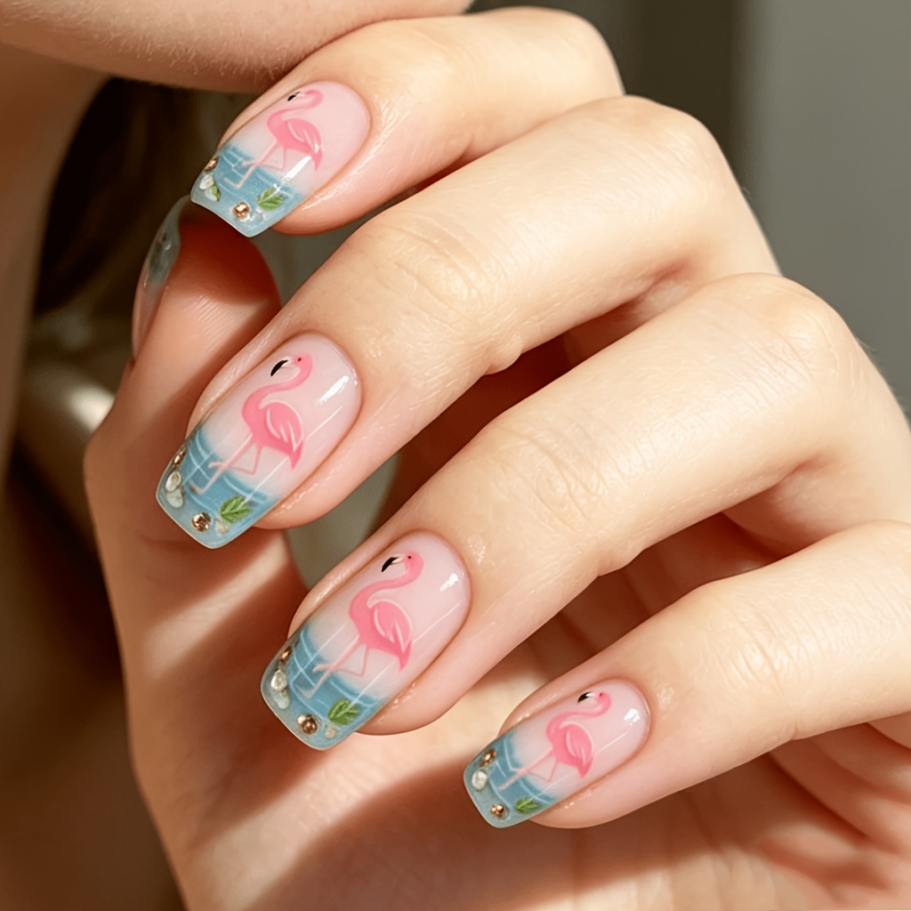 TEMU Animals, Birds, Glossy End, Medium Length, Square Shape, 24pcs, False Nails, Press-on Nail Stickers, Y2k Style Nails, Gothic Nail Art, Nail Set,