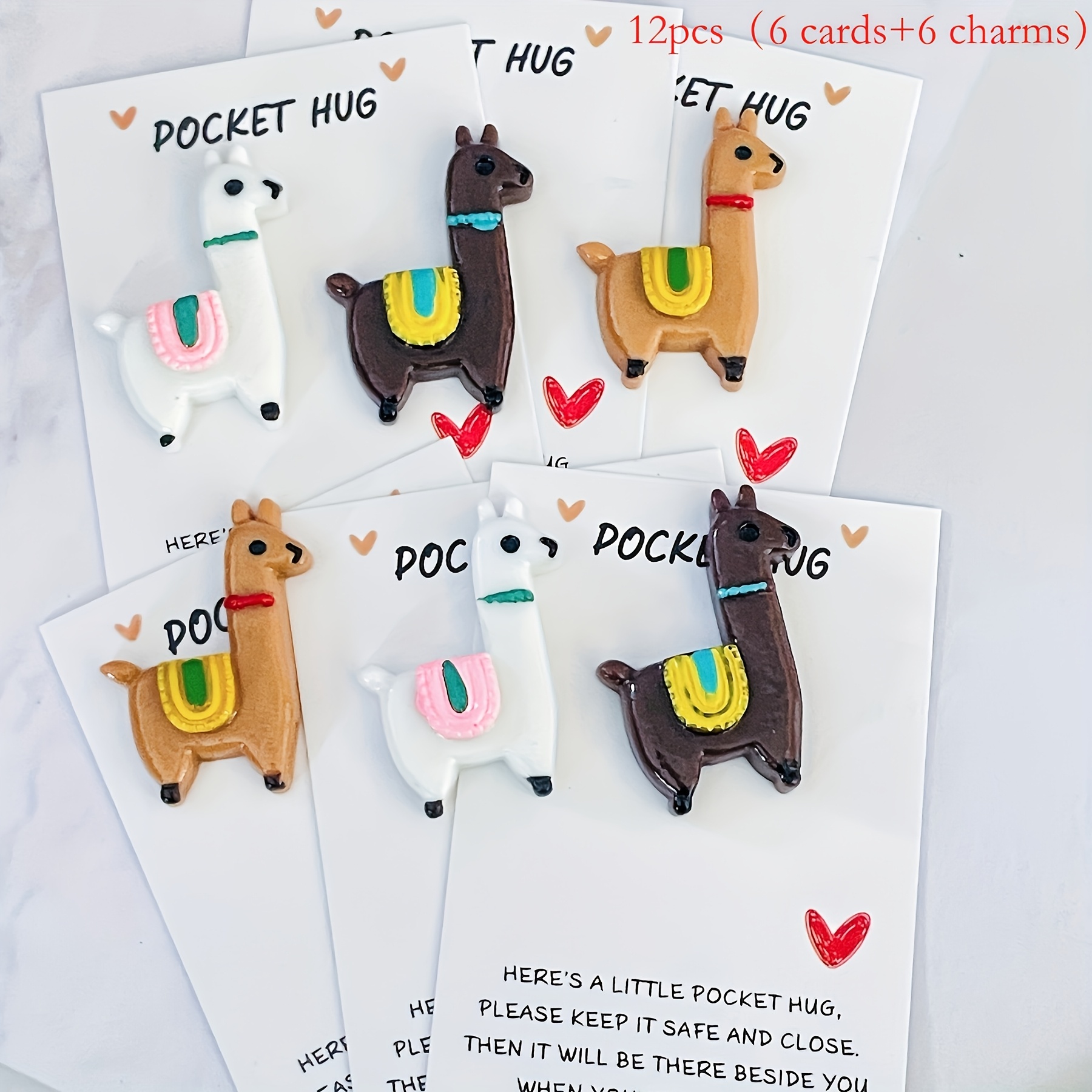 Image of 6pcs Set: 3 Alpaca Accessories + 3 Cards / 12pcs Set: 6 Alpaca Accessories + 6 Cards. Of Elegant - Pocket Hugs - Animals - Perfect Gift For Alpaca Lovers And . | Adorable Bag Charms, Party Gifts