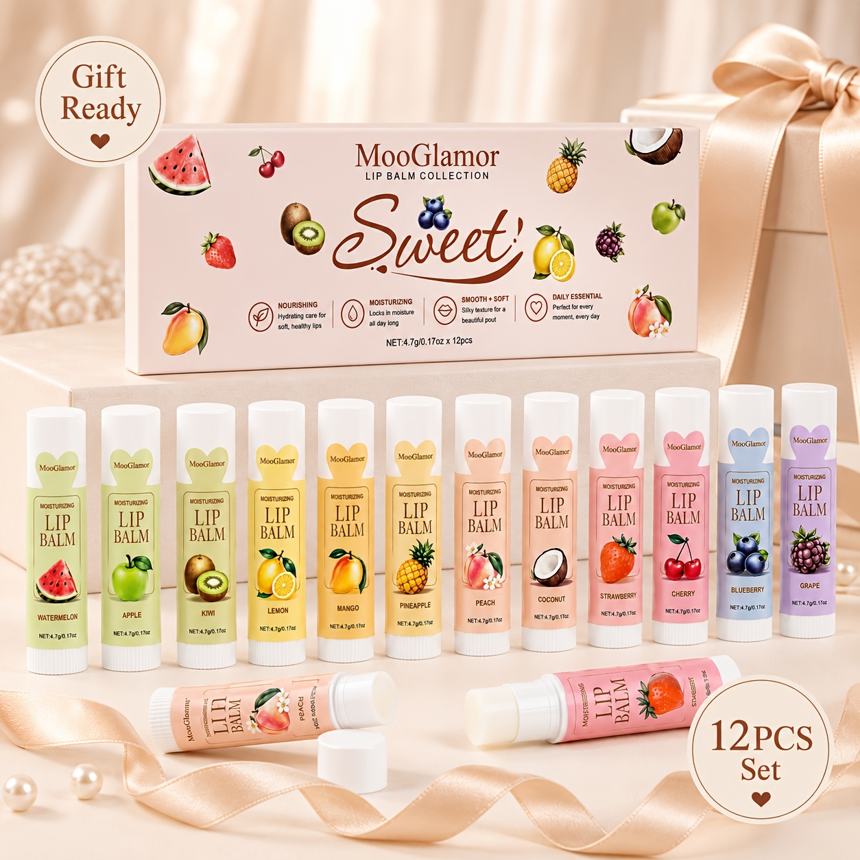 12pcs Fruit-flavored Lip Balm Gift Set, Moisturizing Lip Care For Dry Lips, Smooth Creamy , 12 Assorted Scents, Fall And Winter , Stocking Stuffer And Holiday Gift For Women And Teens