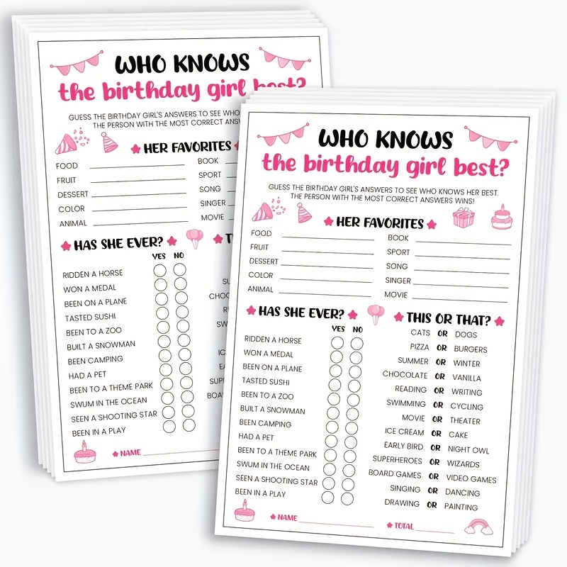 Image of 20pcs Birthday Party Game Cards - The Birthday Girl Best - Fun Questions For Girls - Paper Material, No Electricity Needed, Feather-free, Perfect For Celebrations