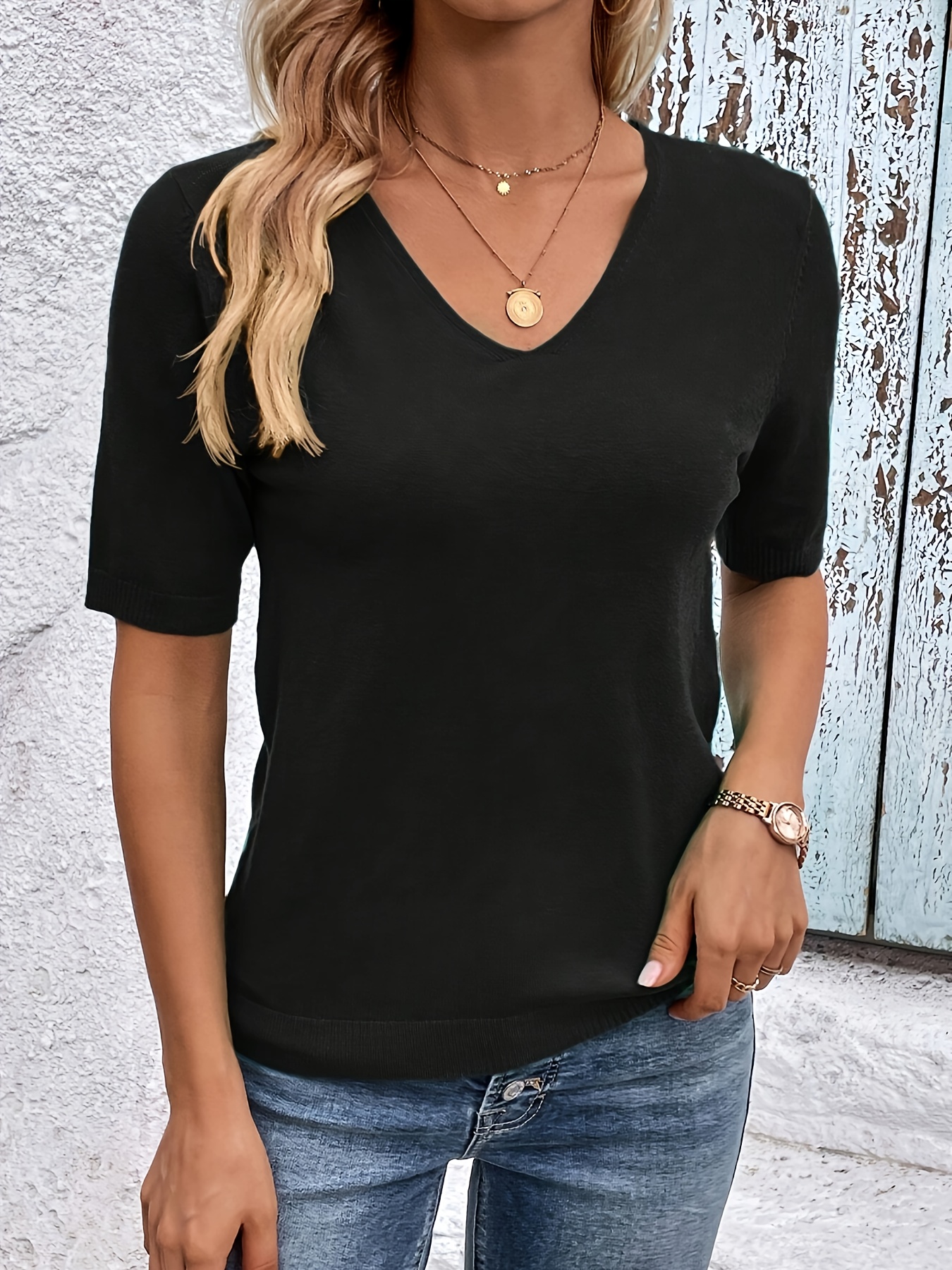 Women'S Elegant V-Neck Blouse - Short Sleeve Solid Color Top for Casual or Chic Outfits, Machine Washable Polyester, Perfect for Spring & Fall, Spring Fashion | Elegant Style | Workout Fabric