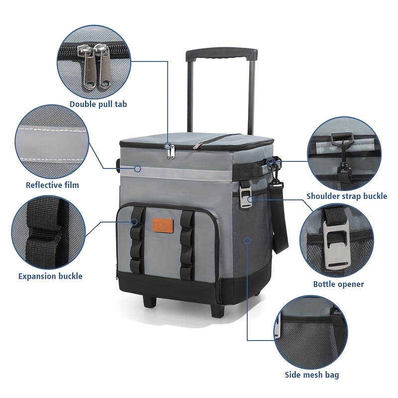 35L Large Insulated Cooler Bag with Pull Rod, Durable Polyester