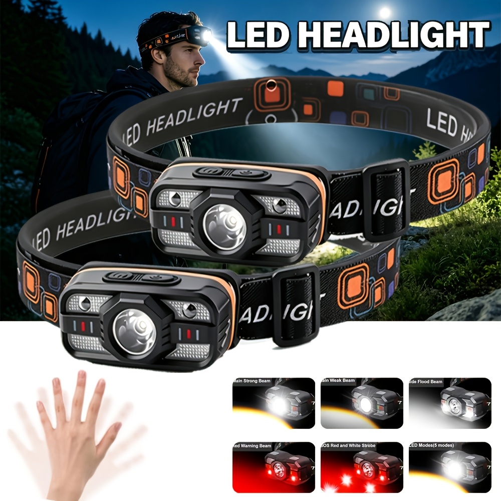 TEMU 2pcs Rechargeable Led Headlamps, Featuring Motion-sensing High-brightness Headlamps, Usb-rechargeable Adjustable Headlamps, 6 Modes, Lightweight