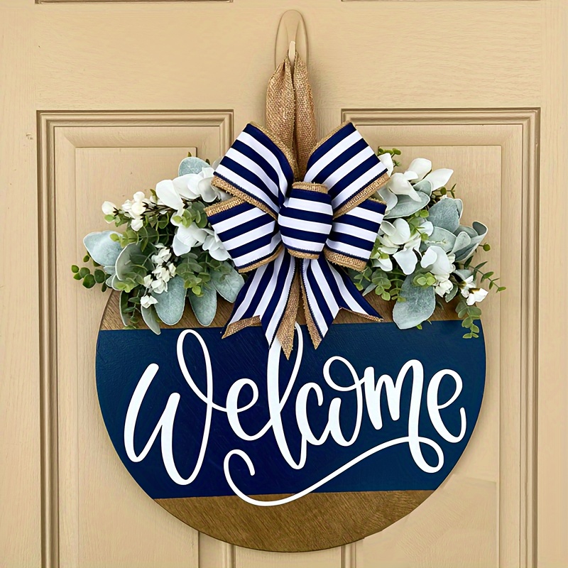 

1pc "welcome" Door Wreath, Front Door Sign, Front Door Decoration Wreath, Housewarming Gift, Home Decor, Round Wood Plank Wreath, Yard Art Decoration