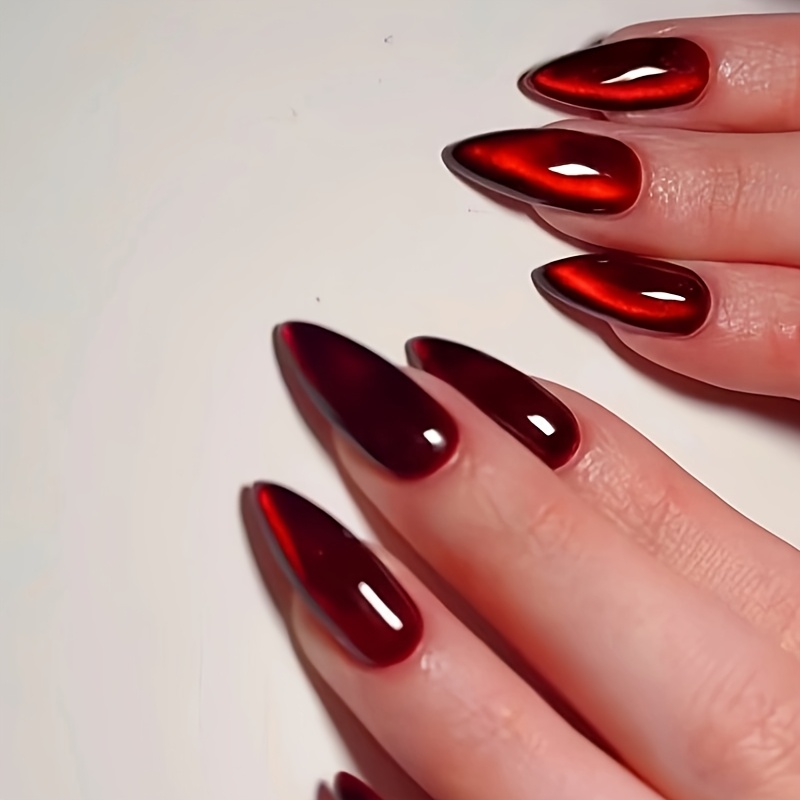 

1 Set Of High-end Women' And 's Eye Fake Nails, Red -shaped Medium Length With Burgundy Surface, Removable And Reusable