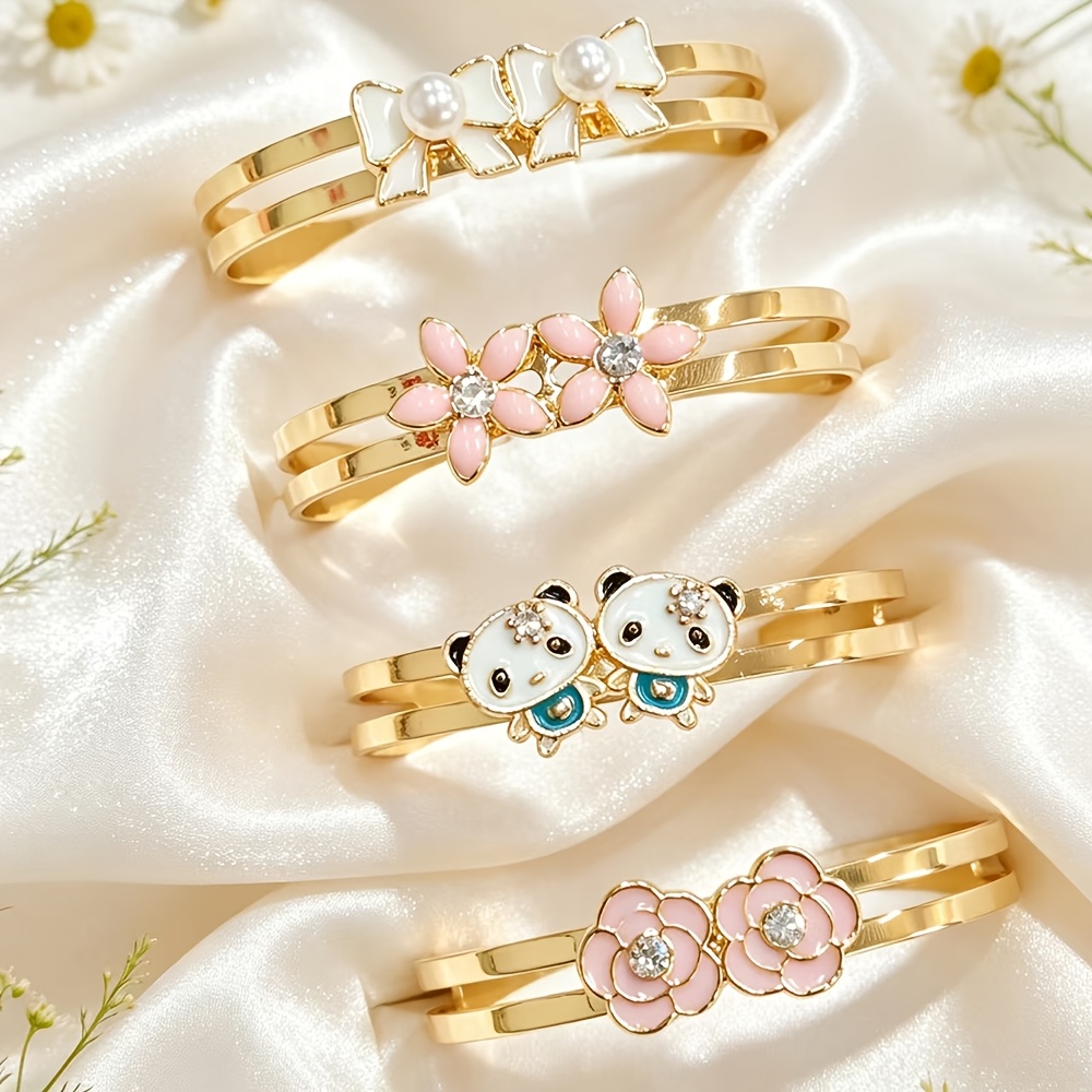 TEMU A 4pcs Colorful S's Bracelet Set With Bows, Small Flowers, And Panda Designs, Exquisite And , Adjustable Size For Daily Wear And Festive Jewelry