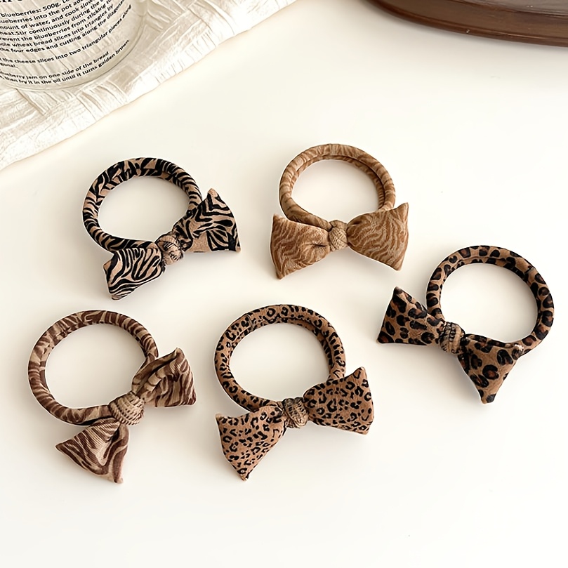 TEMU 5-pack Women's European And Versatile Brown Leopard Print Bow Hair Ties, High-elasticity Durable Ponytail Holders, Hair-friendly Scalp Elastic