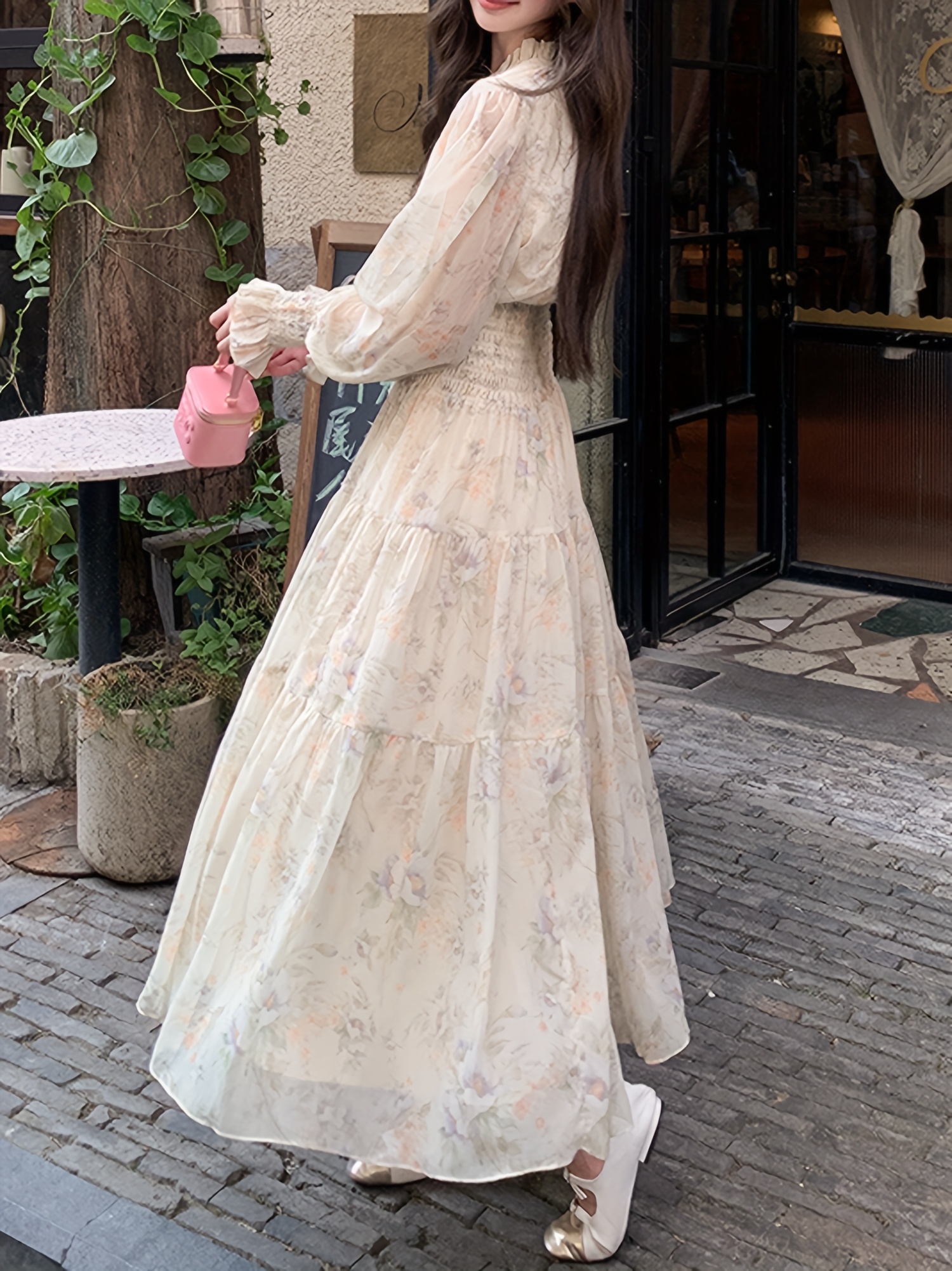 womens french inspired vintage floral print a line dress