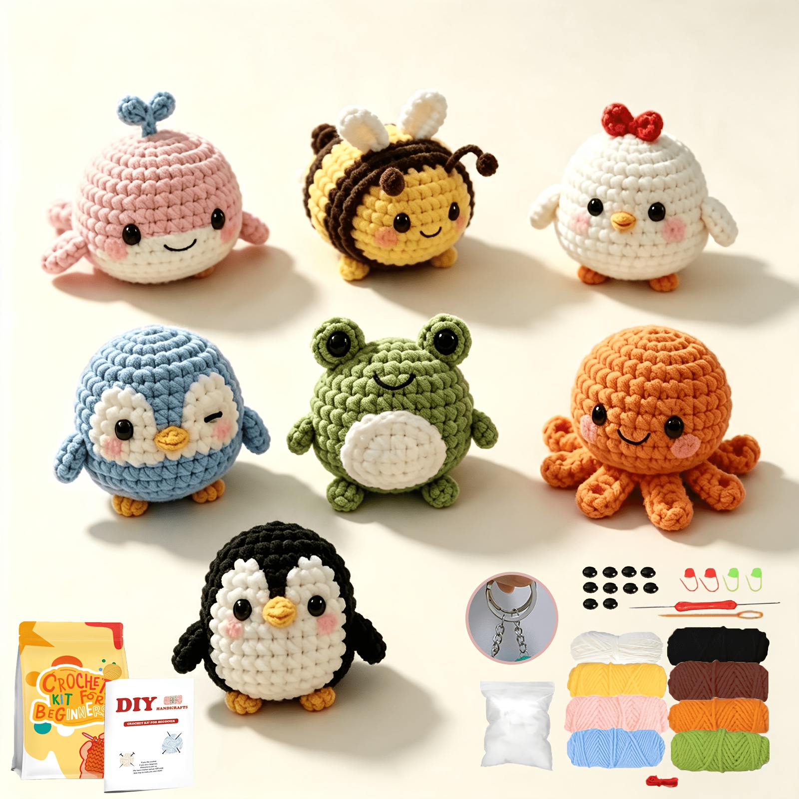 TEMU 7pcs Crochet Kit For Beginners, Crochet Animal Kit, Crochet Starter Kit With Crochet Hooks, Yarn, Instructions Video, Crochet Set For Beginners
