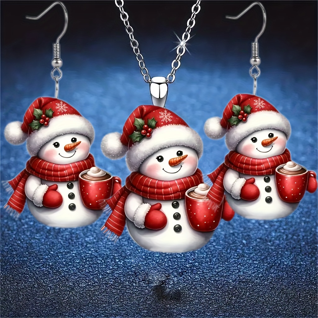 

(1/2 Set) 2d Acrylic Christmas Snowman Wearing A Red Scarf, Hat, Holding A Coffee Cup, Necklace And Earrings Set, , Lightweight And , Halloween Snowman Gifts