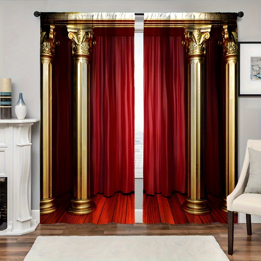 Red Curtains Golden Pillars Pattern Window Decoration - Temu South Africa