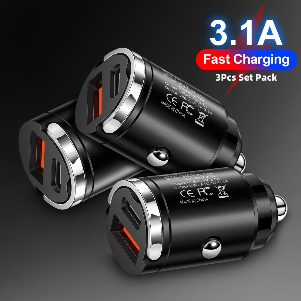 TEMU 3pcs 2 In 1 Minitype Protable Fast Charging Car Charger Adapter, 2 Ports Pd Type C Usb 3.1a 15w Convenient Fast Charging Car Phone Charging Adapter