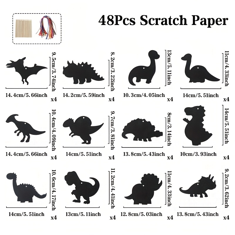 Image of 48pcs, Dinosaur Scratch Paper Art Set, Colorful Diy Craft Kit With Wooden Pencil & Colorful Ribbons, Creative Birthday & Holiday Gifts, For Home, Parties & Holidays