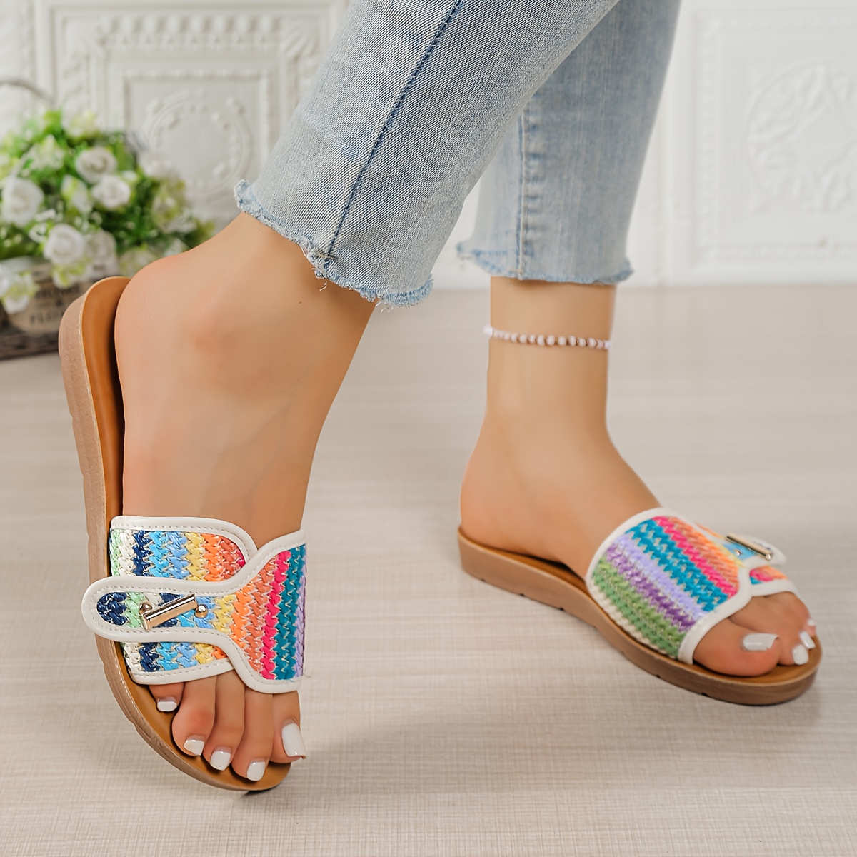 womens summer slip on sandals non slip cushioned insoles breathable open toe flat shoes with pastel colors beige   orange teal purple black white red golden pu sole for beach casual   clean footwear beach essentials woven pattern soft material casual wear Product details 0