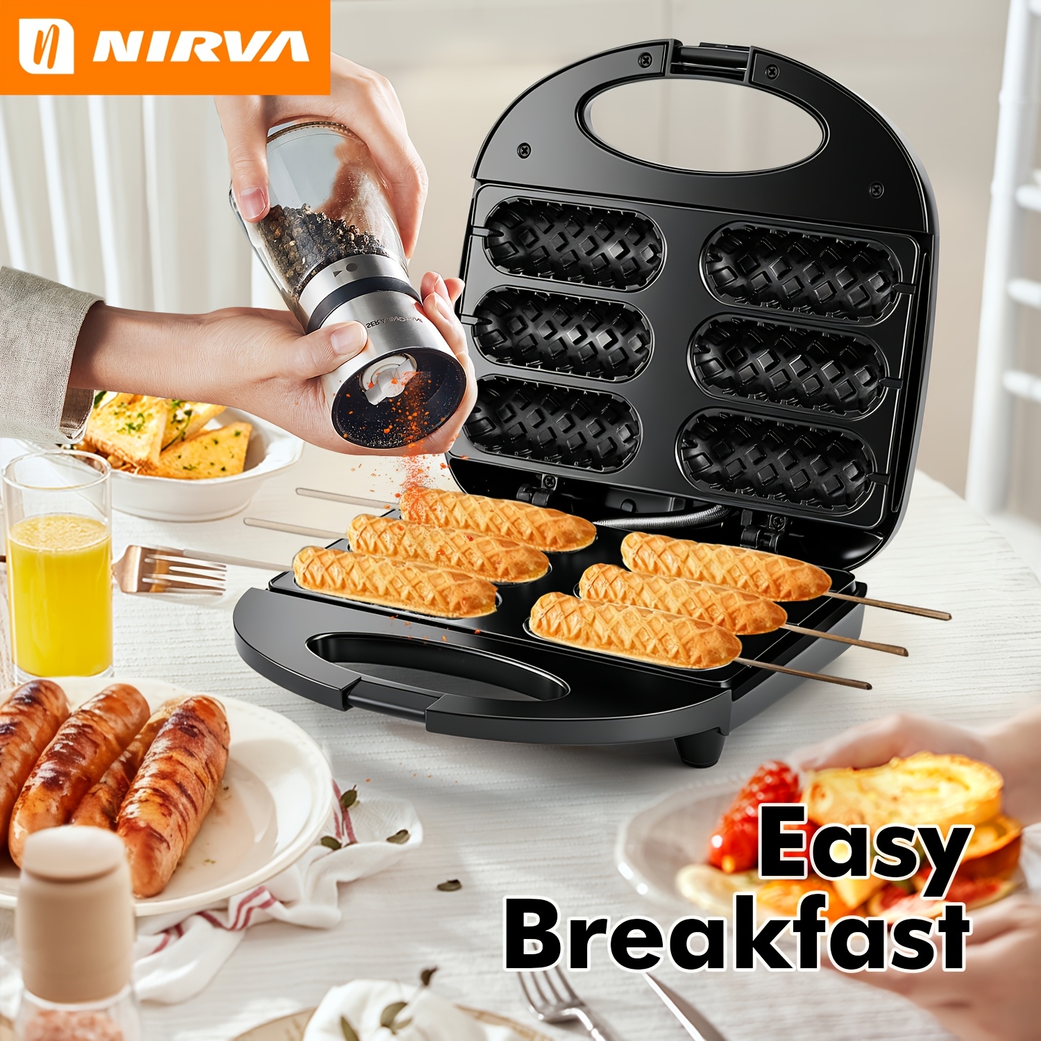 Image of Nirva Electric Maker, 6 Sausage Capacity Cooking Plates, Dual Sided Fast Heating Grill Machine, Indicator Light, Easy Clean, For Homemade Sausages Snack Breakfast Home Kitchen Use