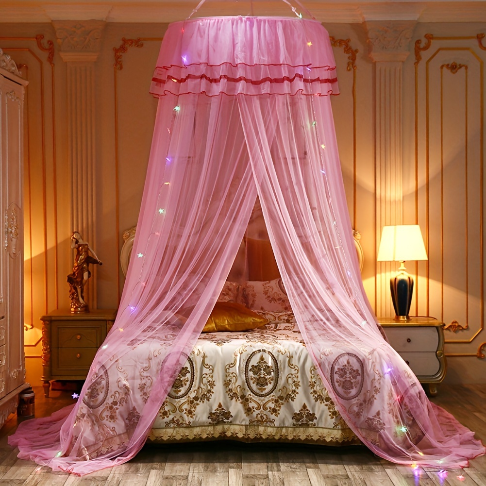 

Princess Dome Bed Canopy With Led Lights, Bed Canopy Lace Mosquito Net, Opening Doors Drapes Pretty Bed Curtain For Bedroom