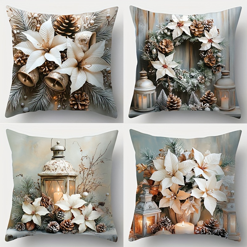 

4pcs Christmas Set - Contemporary Cushions - Washable - Lanterns, Poinsettias, Pinecones For Decor