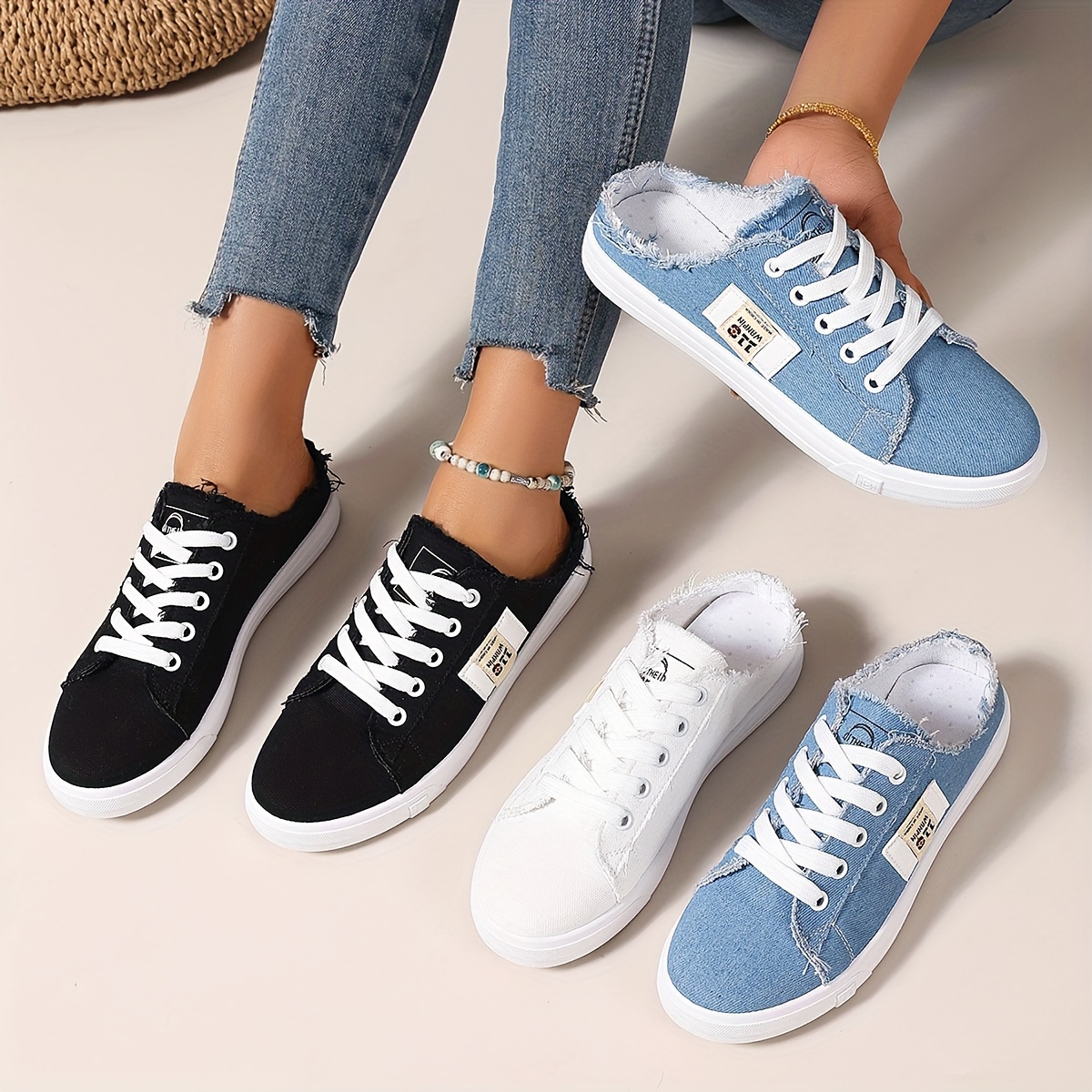 

Women's Canvas Mule Sneakers, Casual Lace Up Low Top Flat Skate Hsoes, All-match Student Walking Shoes
