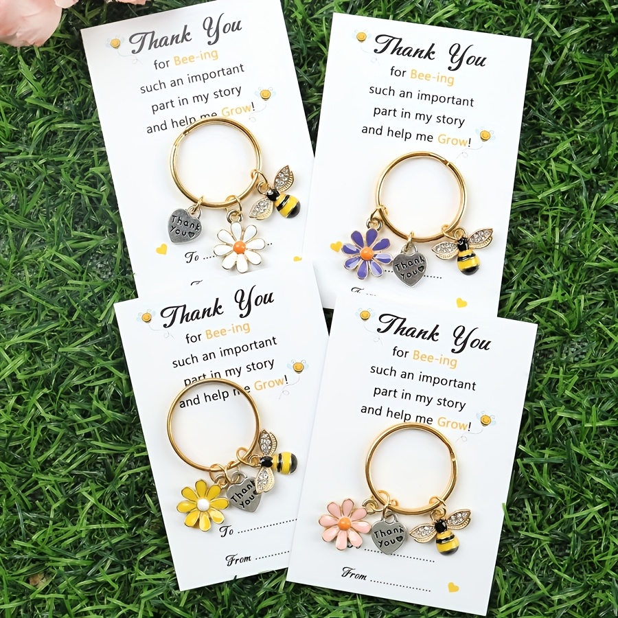 E-shop Set mit 4 Bienen-Schlüsselanhängern mit einer Dankeskarte für Lehrer, ideal für Geburtstage, Hochzeiten, Lehrertag und Abschlussgeschenke, mit