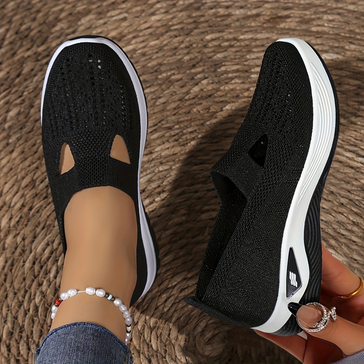 a pair of breathable hollow sports shoes for women casual and convenient walking shoes solid color embroidery suitable for   low cut simple toe lightweight flat outdoor shoes