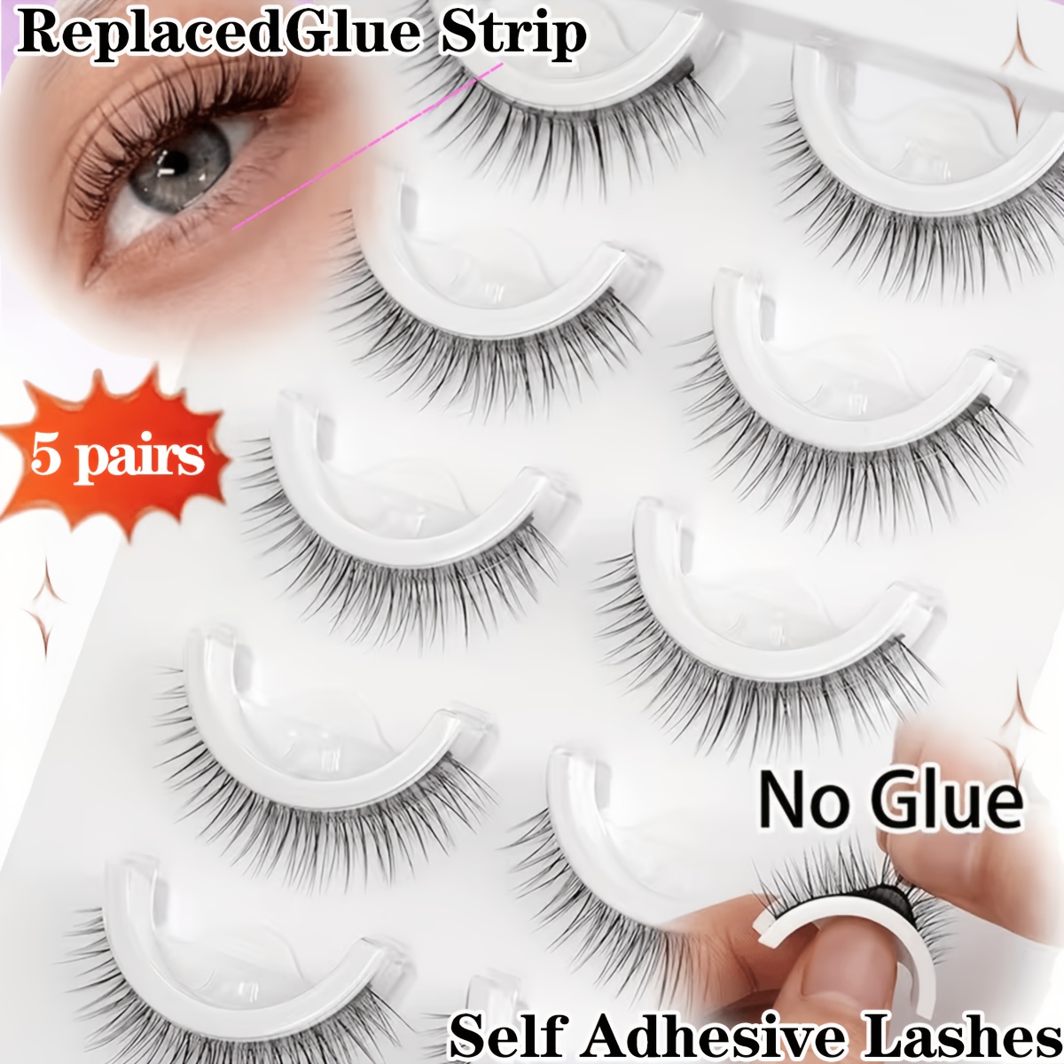 Image of 5 Pairs Of Self-adhesive False Eyelashes 6-10mm Reusable Made Of Natural Fluffy Material Lightweight And Odorless Suitable For Daily Parties And More