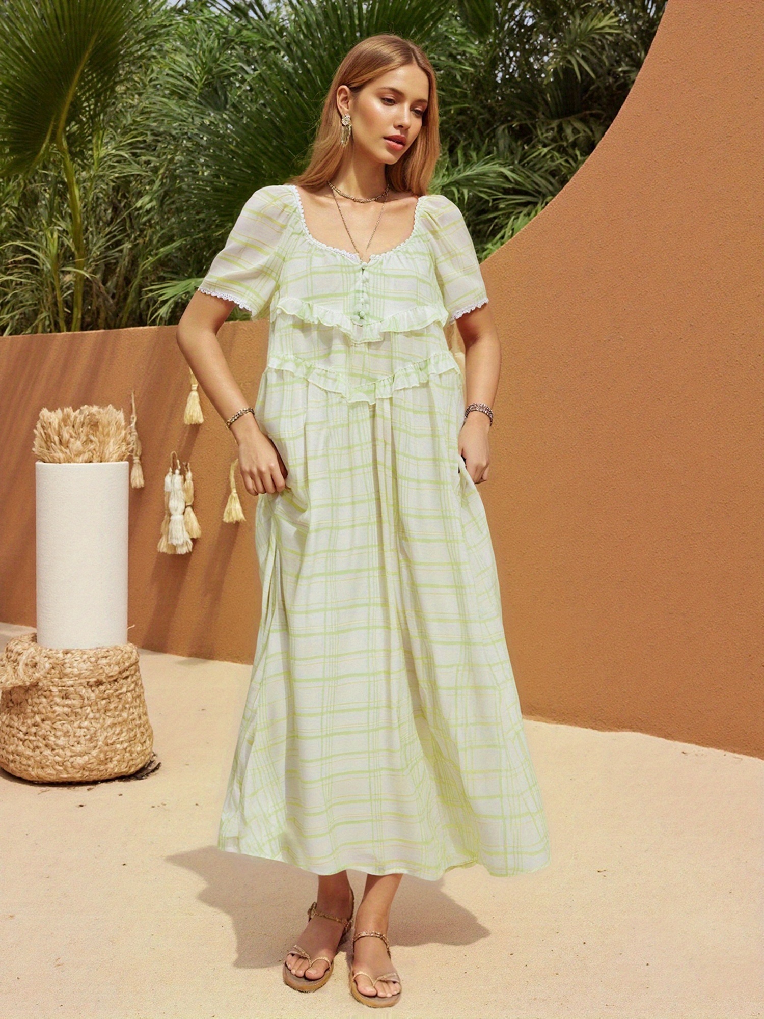 women long dress, elegant short sleeve low-cut backless solid/ loose swing  dress - women's clothing - Temu