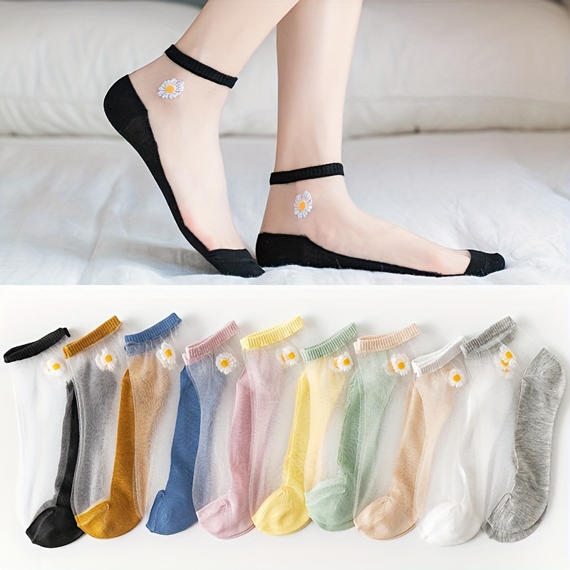 

10 Pairs Daisy Crystal Silk Socks, Lightweight & Breathable Short Socks, Women's Stockings & Hosiery