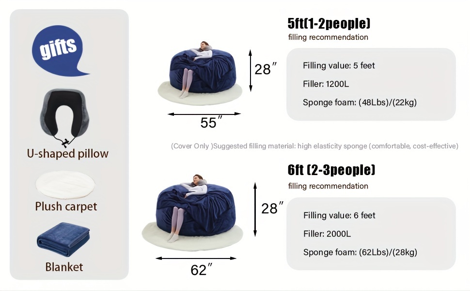 Enormous 6' Memory Foam Furniture Bean Bag( 3 Gifts: U-Shaped Pillow, Blanket Pillow, 6-Foot Rug) - Large Sofa with Soft Microfiber Cover